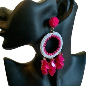 Natasha Hot Pink and White Beaded Drop Pierced Earrings Hoops with Stud Back